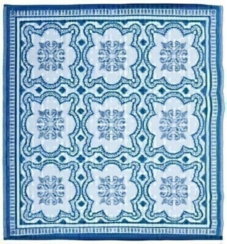 Small Square Garden Carpet/Rug in blue and white Mosaic design by Fallen Fruits. This waterproof carpet is perfect for outdoor use in all weathers. Made using 100% Recycled Polypropylene - UV and frost resistant whilst being made from recycled materials an environmentally friendly addition to your outdoor space. Bring the comfort of your living room into your garden with this Samti rug being the perfect finishing flourish. Not only is this rug ideal for gardens but also can be taken to the beach/park/garden/camping/festivals or anywhere that you need to sit on the ground really. Dimensions 151 5x51 5x0 9 cm